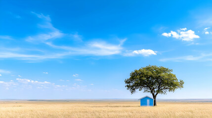 Obraz premium Solitary blue hut under tree in vast field, sunny day