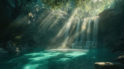 Obraz premium Sunlit Waterfall Pool in Lush Jungle