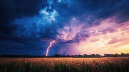 Dramatic Lightning Strike Over Golden Field at Sunset Sky Colors