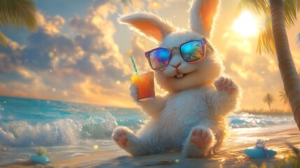 Tropical Island Beach Scene with Adorable Rabbit Wearing Sunglasses and Lounging on a Chair, Holding a Cocktail Drink During Summer Vacation.