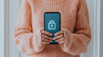 A person holding a smartphone displaying a lock icon, indicating security or privacy concerns while wearing a cozy sweater.