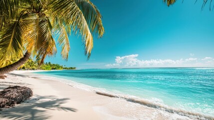Serene Tropical Beach with Palm Trees and Crystal Clear Waters