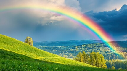 Scenic Rainbow Overlush Green Hills and Vibrant Trees in Nature