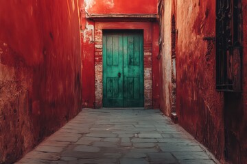 A deserted narrow lane between red walls with a single green door breaking the monotony.