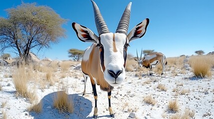 Obraz premium Majestic Gemsbok Antelope in African Savanna Landscape Close Up View