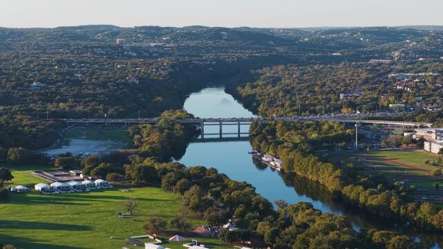 Aerial view toward the Roberta Crenshaw bridge, fall evening in Austin, TX, USA