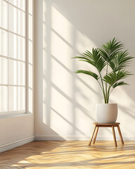 Interior Scene: Palm Plant, Wooden Stool, and Sunlight Shadows
