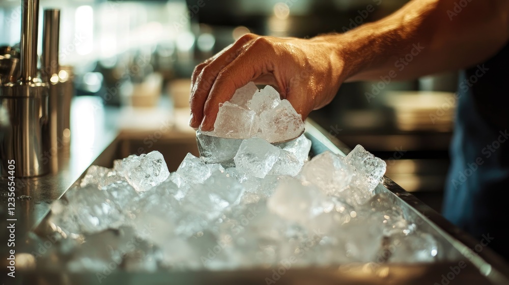Poster A close-up of a hand scooping ice cubes from a well-lit ice machine, showcasing a polished restaurant counter in the background