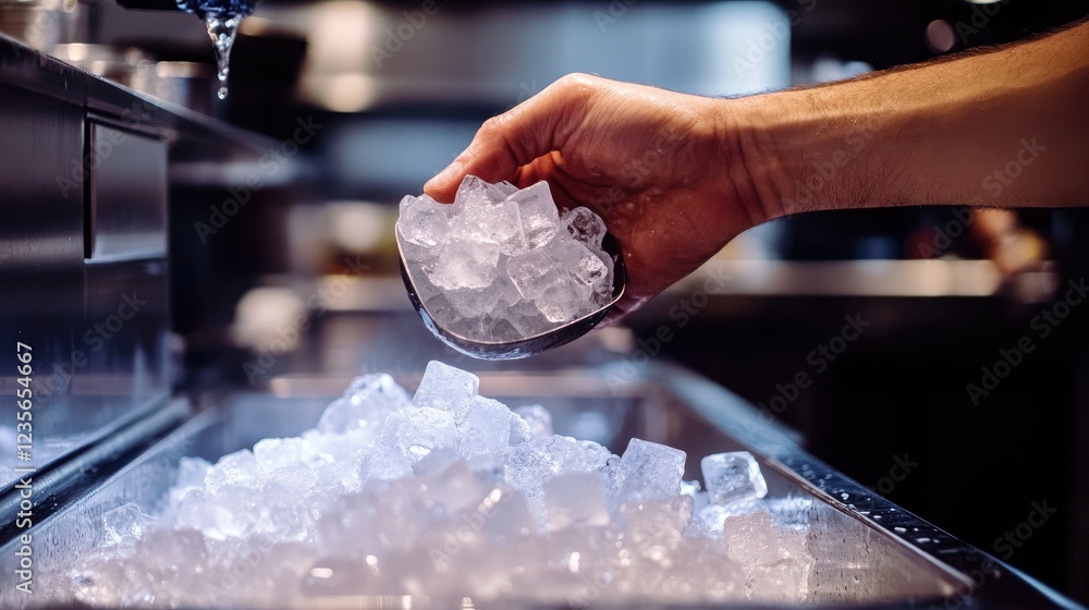 Poster a close-up of a hand scooping ice cubes from a well-lit ice machine, showcasing a polished restauran