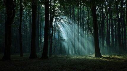 Obraz premium Sunbeams in a Dark Forest