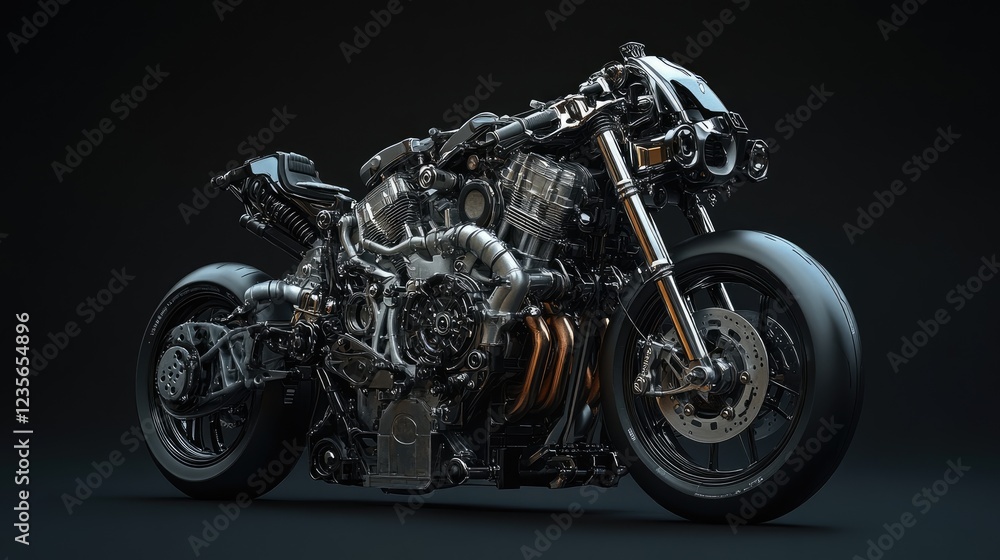 Poster a close-up of a motorcycle engine on a black background, showcasing its intricate mechanical details