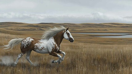 Appaloosa horse running prairie autumn landscape