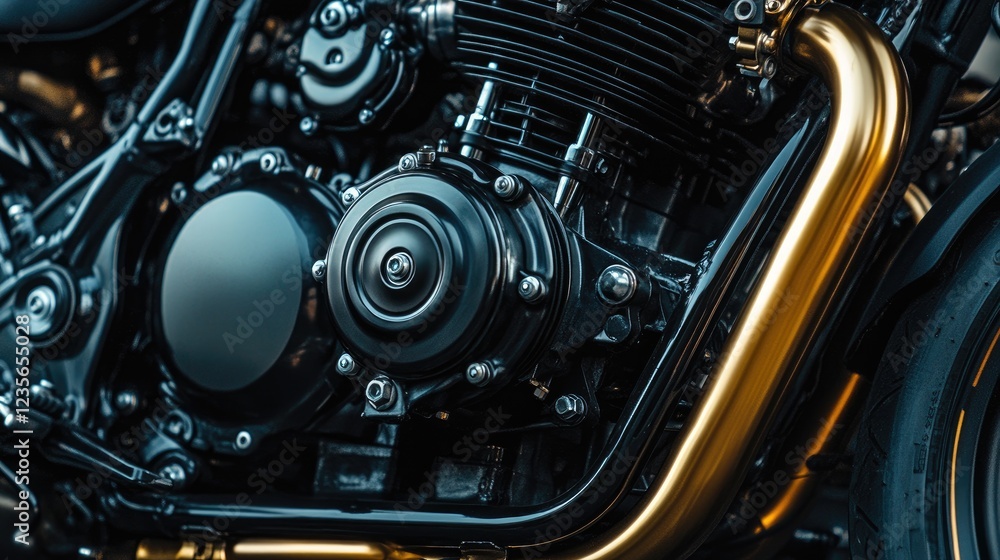 Poster A close-up of a motorcycle engine on a solid black background, emphasizing the technical aspects and design precision of the engine