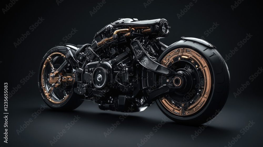 Poster a close-up of a motorcycle engine on a black background, showcasing its intricate mechanical details