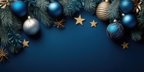 Festive blue and gold Christmas ornaments and stars arranged on a dark background