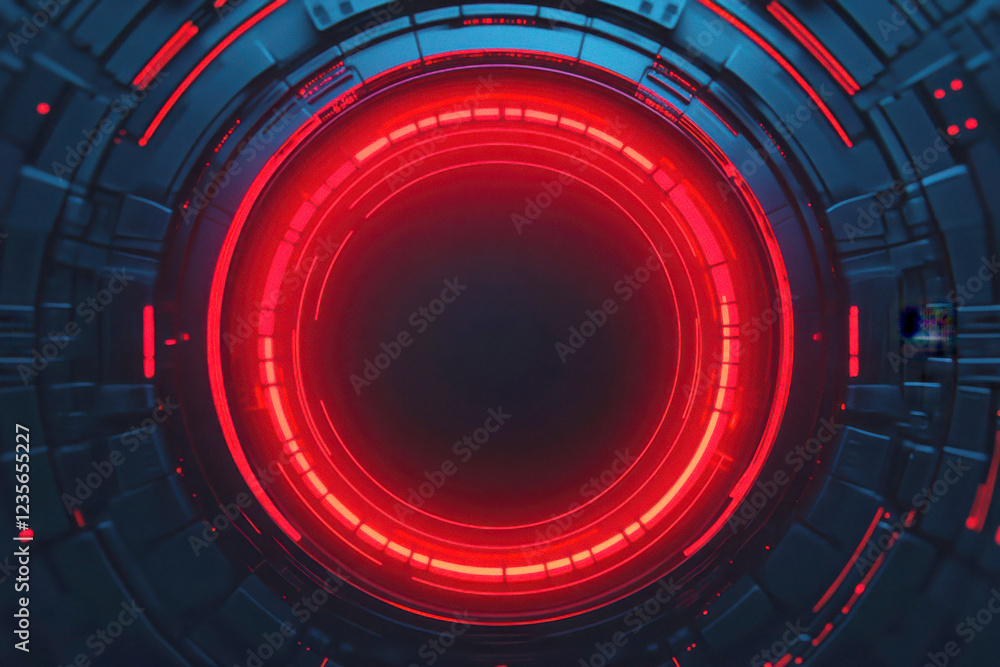 Poster futuristic red circular interface with dark background design.