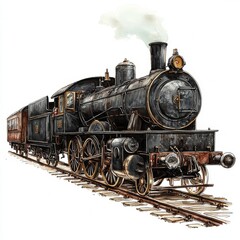 Naklejka premium Vintage steam locomotive with smoke and carriage, detailed steam engine on tracks in classic style, nostalgic railway scene