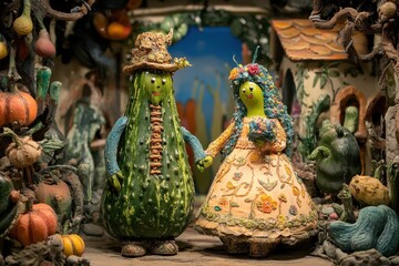 Fototapeta premium Quirky Surreal Wedding Scene Featuring Pickle Bride and Groom Characters