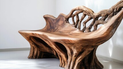 Obraz premium A close-up of a nature-inspired wooden bench, captured in intricate detail, with a minimalistic white background highlighting its craftsmanship