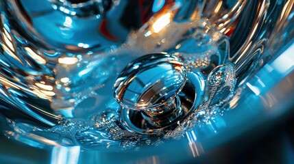 Reflections and Bubbles in a Shiny Metallic Surface with Water