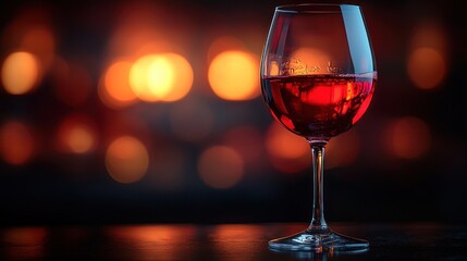 Red wine glass, fireplace bokeh, romantic ambiance