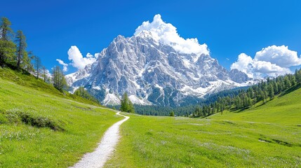 Obraz premium Mountain trail, alpine meadow, summer hike, scenic view, travel poster