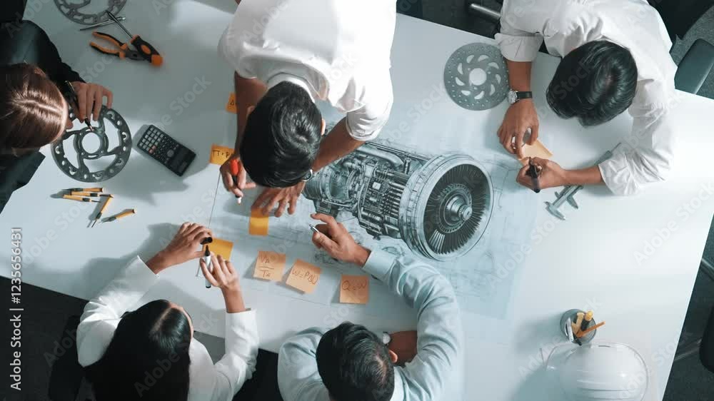 Poster top view of engineer team writing idea on sticky notes at meeting while discussing about turbine eng