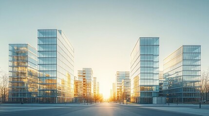 Modern Glass Skyscrapers at Sunrise Cityscape