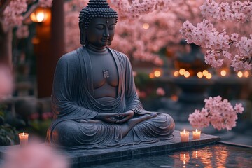 Serene Buddha statue amidst blooming cherry blossoms, candles, and tranquil garden