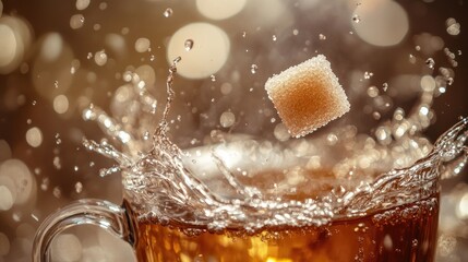 A close-up of a sugar cube splashing into a cup of tea, small droplets glistening on the surface, with a soft, cozy atmosphere