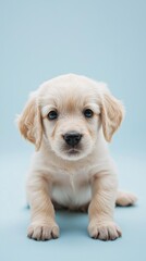 Adorable light golden retriever puppy sitting on blue background