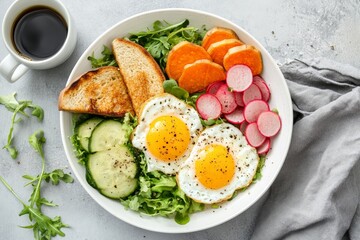 Healthy breakfast bowl with fried eggs, roasted sweet potatoes, radish, cucumber, arugula, and toast.