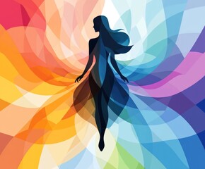 A dynamic silhouette of a woman emerges against a vibrant backdrop of swirling colors, symbolizing strength, beauty, and femininity on International Women's Day