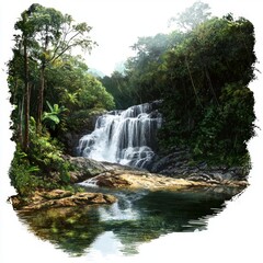 Obraz premium Serene Waterfall Surrounded by Lush Green Forest with Tranquil Pool Reflection