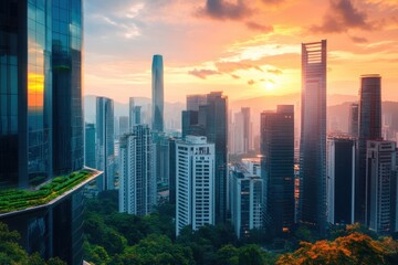Fototapeta premium Rooftop Farms and Urban Skyline at Sunset with Nature's Touch
