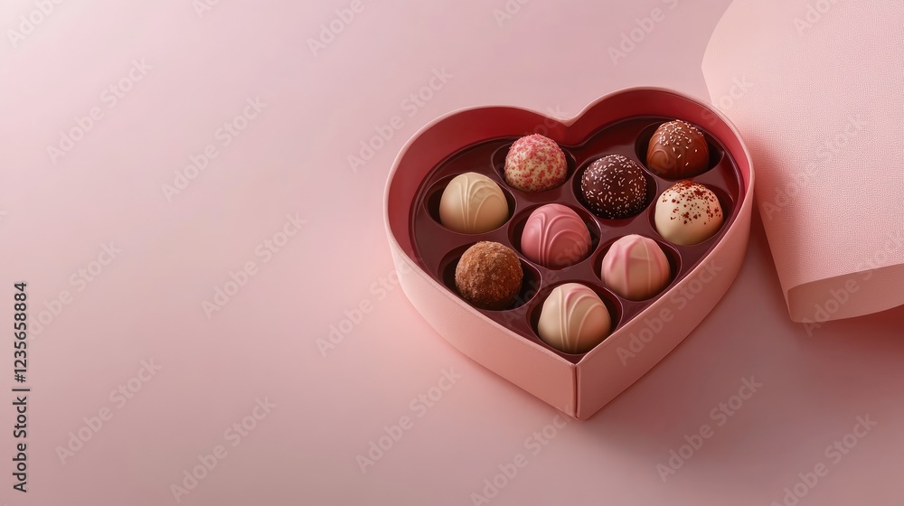 Aufkleber A close-up of an open heart-shaped box filled with assorted truffles and pralines, placed on a soft pink background, perfect for a gift