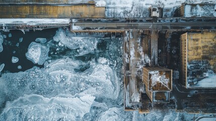 Aerial shot of the Chicago River in winter with frozen patches and snow-covered buildings.