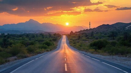 Fototapeta premium Sunset Highway: Golden Hour Road Through Majestic Mountains