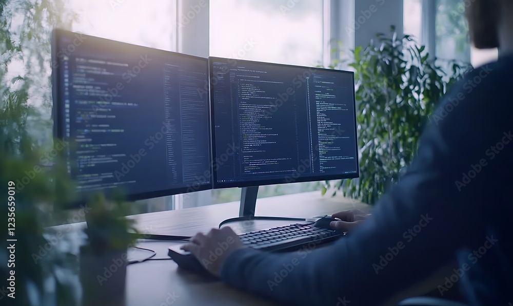 Poster A person programming on dual monitors in a modern workspace filled with plants.