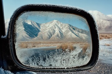 A frosty car mirror with snow-capped mountains faintly visible in the reflection.