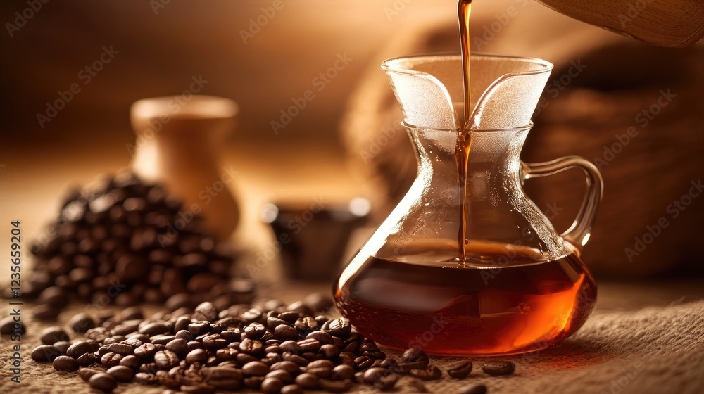Poster a close-up of coffee dripping into a glass carafe, with coffee beans and brewing tools arranged neat