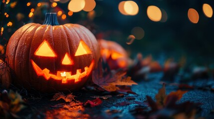 Naklejka premium Glowing Jack-O'-Lantern Surrounded by Autumn Leaves and Lights