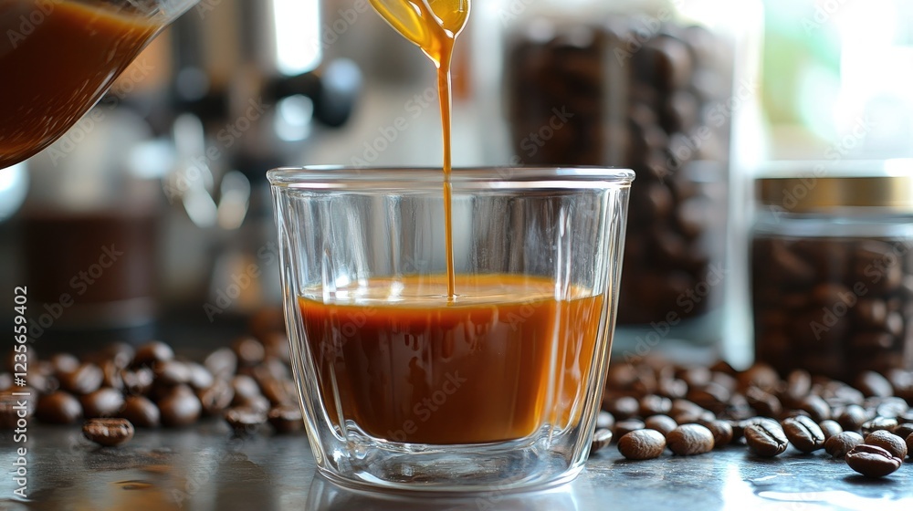 Poster a close-up of coffee dripping into a glass carafe, with coffee beans and brewing tools arranged neat