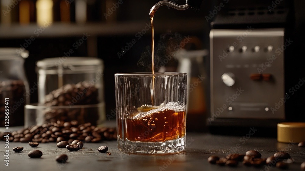 Poster a close-up of coffee dripping into a glass carafe, with coffee beans and brewing tools arranged neat