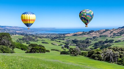 Naklejka premium Scenic Hot Air Balloon Ride Over Rolling Green Hills and Ocean View