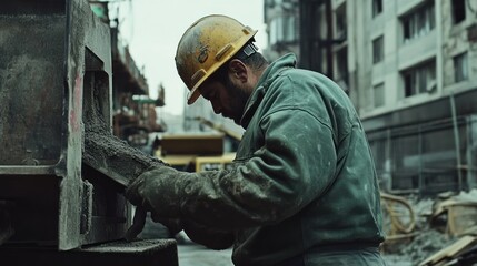 A construction worker in a hard hat operates machinery on a building site.