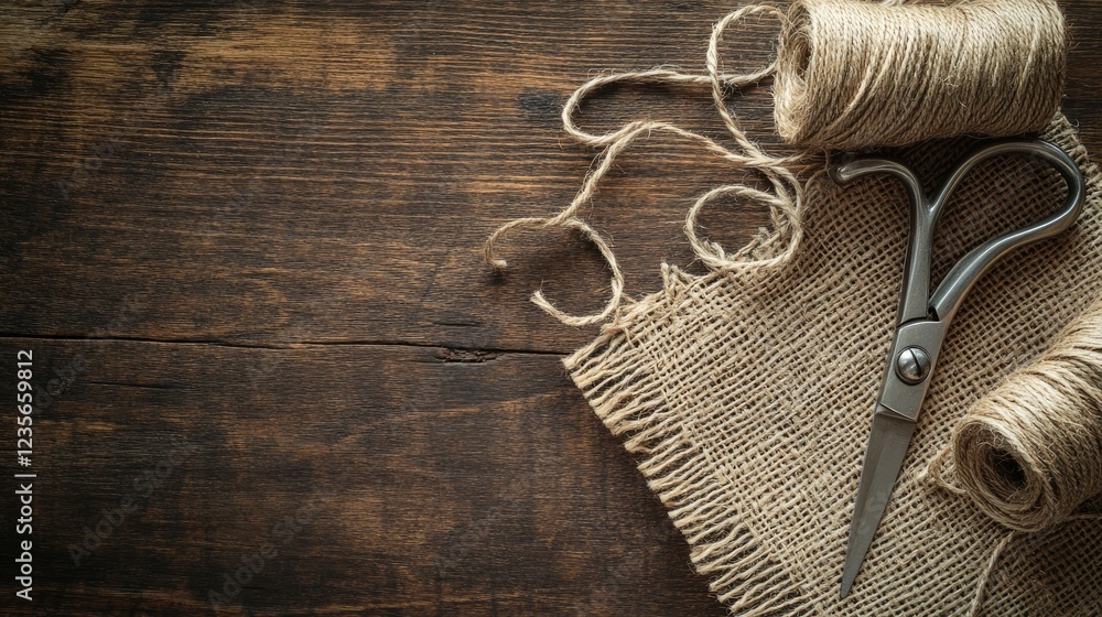 Poster A close-up of scissors and twine neatly arranged on a textured wood backdrop, with soft natural lighting and ample copy space for text