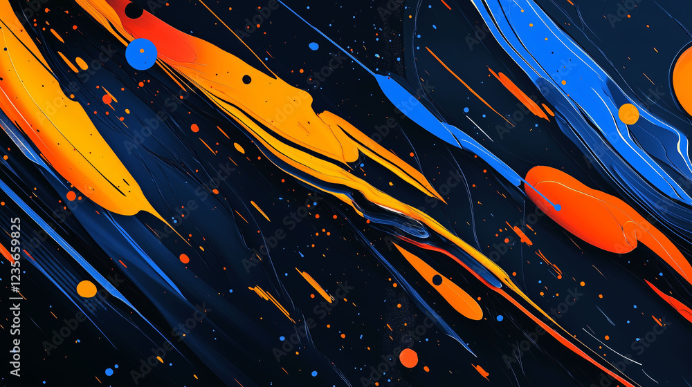 Poster dynamic abstract design showcases chaotic lines and vibrant colors swirling across a dark background
