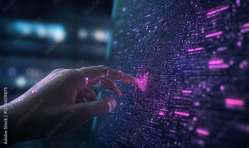 Poster A hand interacts with a digital interface, surrounded by vibrant data connections and glowing particles.