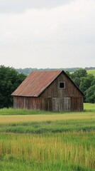 Obraz premium Rustic Wooden Barn Surrounded by Lush Green Fields Under Cloudy Sky